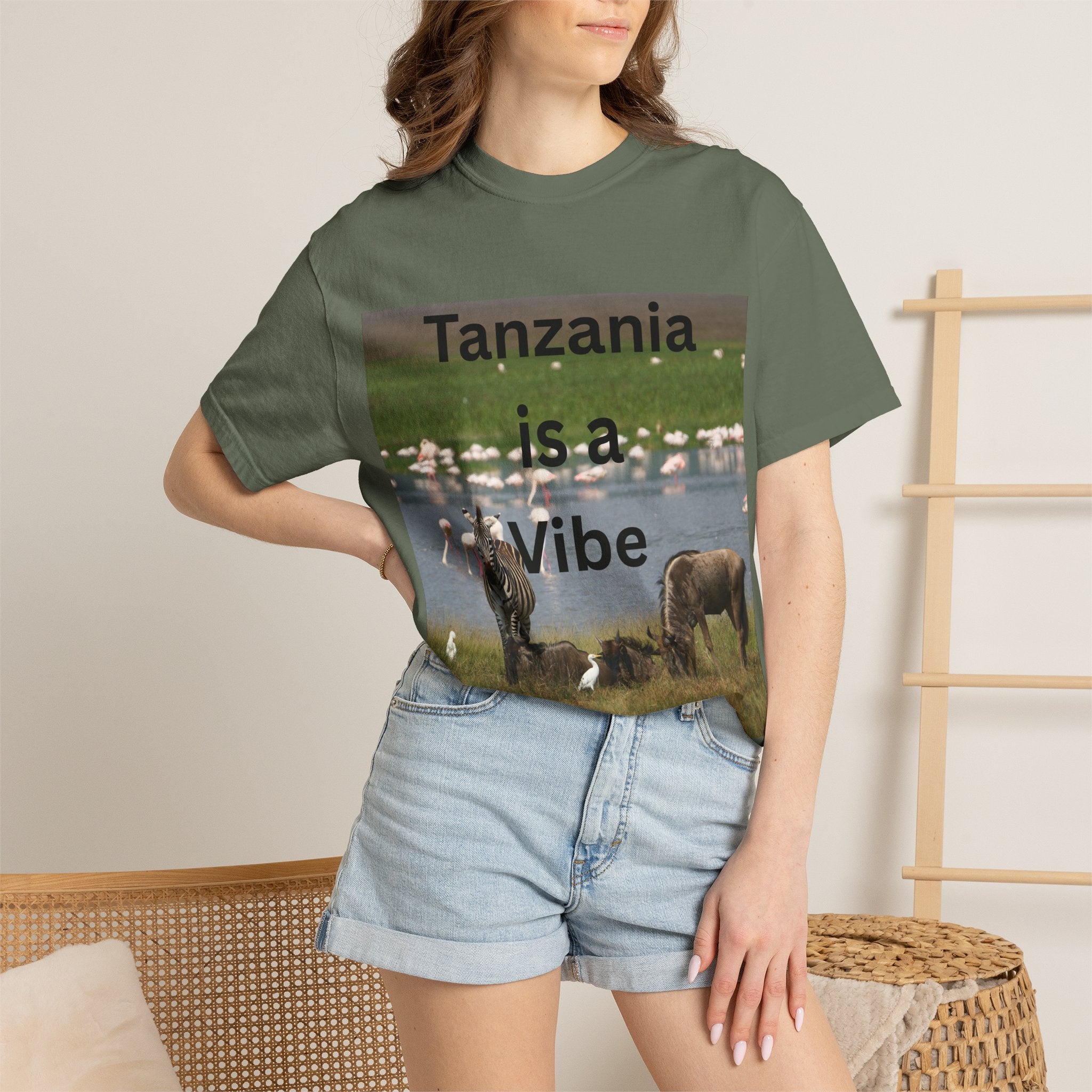 Tanzania is a Vibe T-shirt | African Safari Scene, Flamingos & Wildebeest