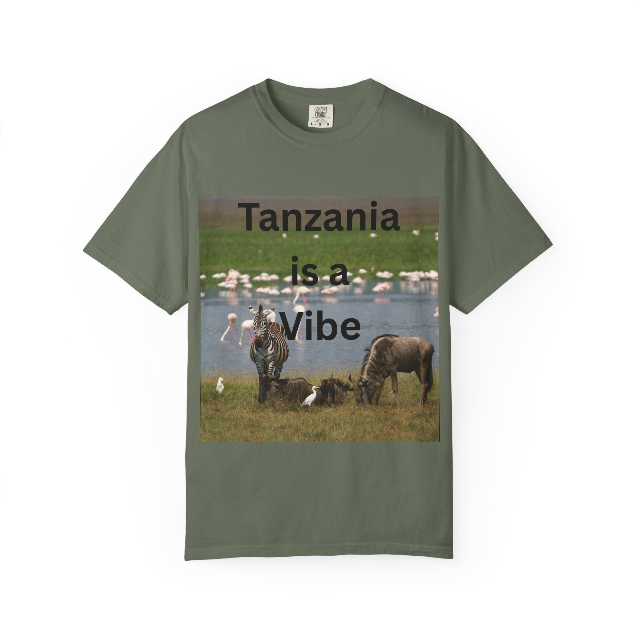 Tanzania is a Vibe T-shirt | African Safari Scene, Flamingos & Wildebeest
